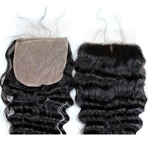 Remeehi Deep Wave Silk Base Top Closure Bleached Knots Free/Middle/3 Part 4"X4" Brazilian Virgin Human Hair Closure Natural Color (Free Part 20 inch)