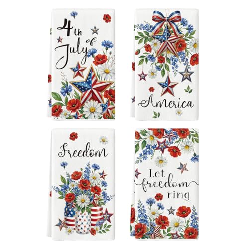 Artoid Mode Flower Star Vase Freedom 4th of July Kitchen Towels Dish Towels 18x26 Inch Independence Day Decoration Cleaning Set of 4