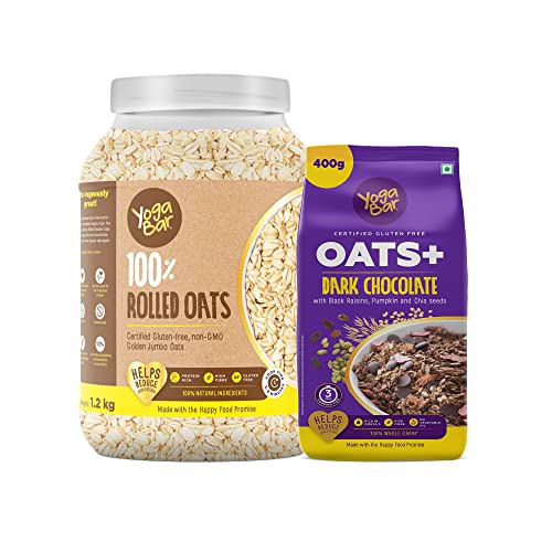 Image of Yogabar 100% Rolled Oats and Dark Chocolate Oats Combo | Rolled Oats 1.2kg | Dark Chocolate Oats 400gm | Gluten Free Oats with High Fibre, 100% Whole Grain, Non GMO | Healthy Super Food