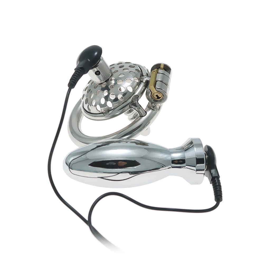 BDSM Elektro Shock Edelstahl Keuschheitskäfig Harnröhren Dilator Metall Elektro Shock Analplug Set SM Butt Plug Penisplug Sex Toys Mit Host E-Stim Bondage Sex Spielzeug für Männer (Ring:50mm)