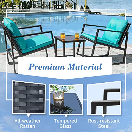 Flamaker 3 Pieces Patio Furniture Set Rocking Wicker Bistro Sets Modern Outdoor Rocking Chair Furniture Sets Clearance Cushioned Pe Rattan Chairs Conversation Sets With Coffee Table (Blue) #TOP2