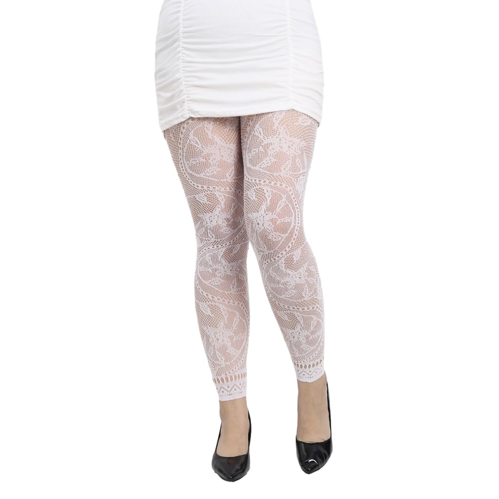Lerono Unisex 1020 Tights, Womens Floral Patterned Footless Fishnet Lace Tights Rhinestones Pantyhose Leggings Hosiery Cosplay Party 90S Costume
