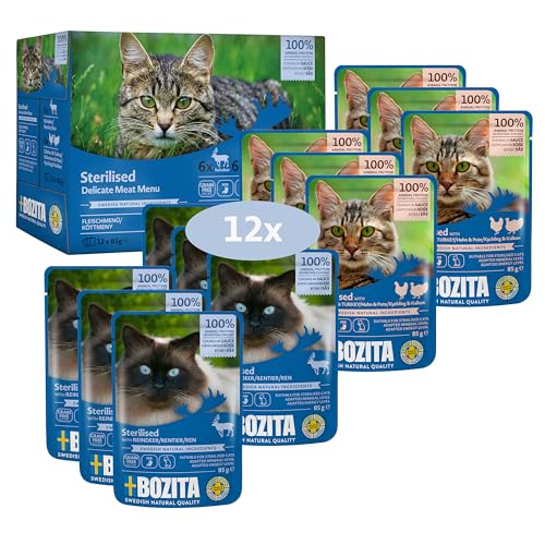 Bozita Sterilised Nassfutter Häppchen in Sauce mit Fleisch - 12x85g Portionsbeutel getreidefreies & weizenfreies Futter für Katzen - Katzen Nassfutter mit 8,5% Protein & 3,5% Fettgehalt