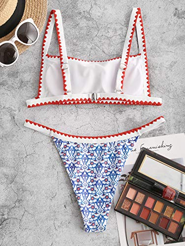 ZAFUL Bohemian Push Up Swimsuits Tie Whip Stitch Print Two Piece Set Bikini Light Blue - Image 4