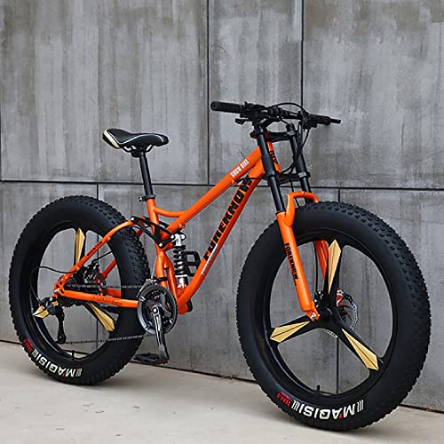 Wmmner Mountain Bike, 26 Inch Fat Tire Bicycle, 27-Speed, High-Carbon Steel Frame, Full Suspension, Dual Disc Brake, 4.0 Inch Thick Wheels For Trail And Beach Riding/Naranja(B)/26 Pulgadas 27 Velocida