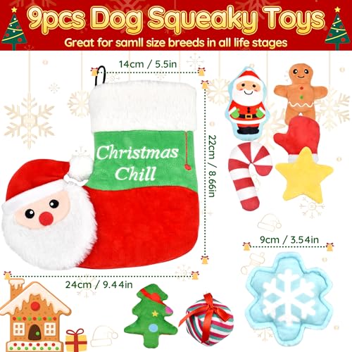 LECHONG 9 Pack Weihnachten Hundespielzeug Set, 8 gefüllte Hund Quietsche Spielzeug mit Hundespielzeug Lagerung Weihnachten Socke für kleine Hunde und Welpen, Weihnachten Spielzeug Geschenk für Hunde
