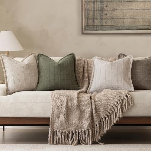 Image of Foindtower Set of 2 Decorative Linen Check Fringe Throw Pillow Covers Farmhouse Vintage Cushion Covers Modern Boho Home Decor for Sofa Chair Couch Bedroom Living Room,22x22 Inch,Olive Green