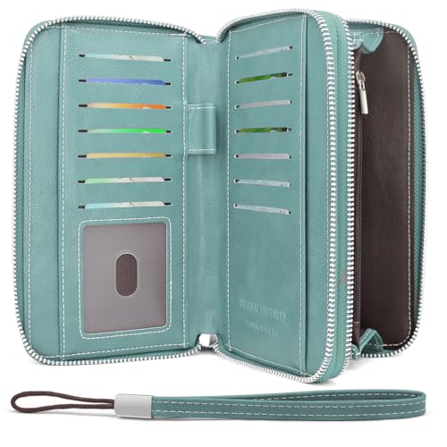 Portafoglio Donna pelle PU Grande Capacità Lungo Con Cerniera Bloccaggio RFID Elegante Portamonete Con 14 Scomparti per Carte Blu Chiaro