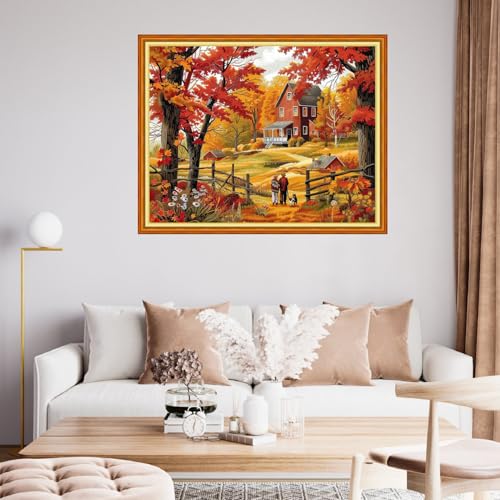 Image of Funchey Stamped Cross Stitch Kits, DIY Cross Stitch Pattern for Adults Beginners Needlepoint Kits Embroidery Kit Arts and Crafts 11CT&Autumn Scenery 16x20 inch