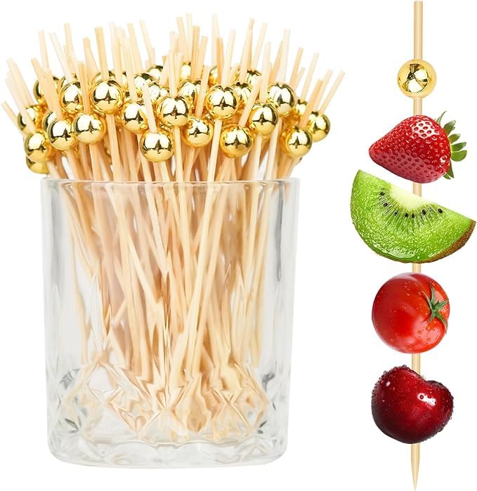 [Pack of 100 pcs, 5 inch] Bamboo Golden Pearl Fancy Toothpick Sticks | Eco-Friendly Decorative Cocktail Garnishes, Fruit & Appetizer Picks | Ideal for Parties & Weddings-image-7