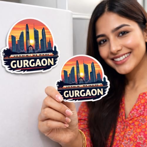 Image of Naxon Gurgaon Gurugram City Theme Souvenir Wooden Fridge Magnet | Modern Skyline & Corporate City Design 3x3 Inch Refrigerator Magnet for Kitchen & Home Decor | Travel Gift from Gurgaon | Pack of 1