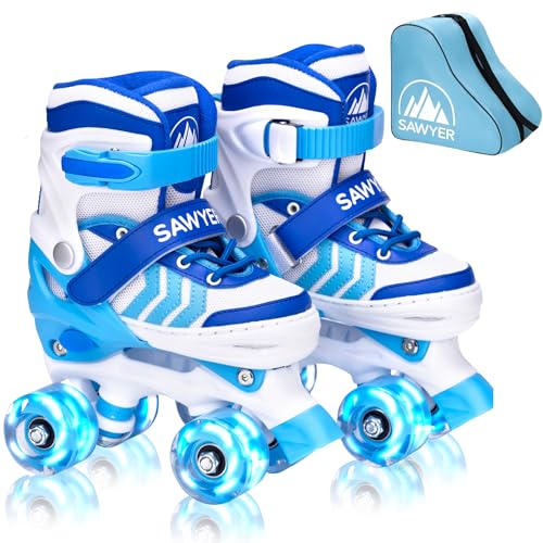 Sawyer Bikes - Patines Ajustables 4 Ruedas LED - Tallas 23 a 38 (Azul, M (31-34))