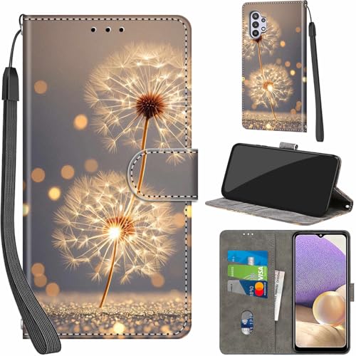 PHINIENLAND Handyhülle für Samsung Galaxy A32 5G Hüllen Premium Leder Case Klappbar Wallet Magnet Kartenfach Standfunktion Schutzhülle kompatibel mit Samsung A32 5G Cover Löwenzahn