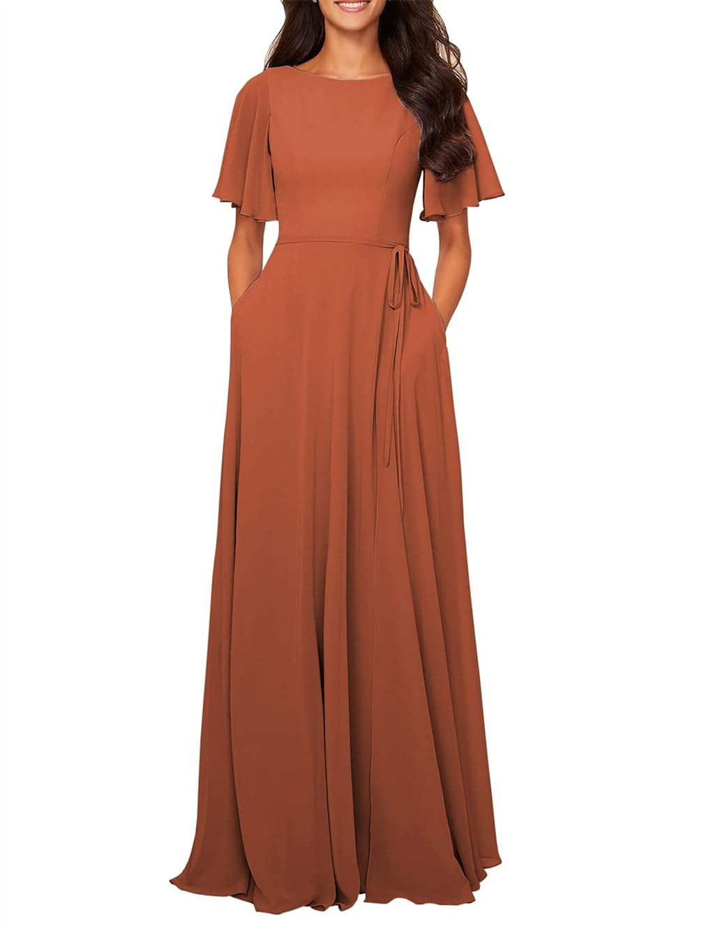 Hppee Women's Burnt Orange Flutter Long Sleeve Bridesmaid Dresses With Pockets Sash For Wedding Formal Evening Gown Wyx527 Uk12