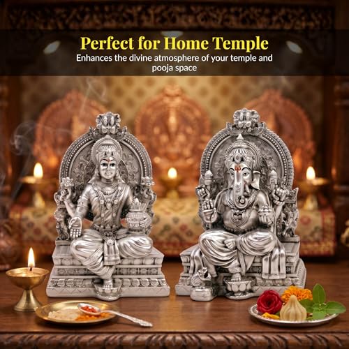 Image of Premium Silver-Plated Lakshmi Ganesha Idol Murti Set | Laxmi Ganpati Statue for Home Temple| Pooja Room | Office Desk | Mandir Decor | Diwali | Housewarming | Wedding Gift | 3.7 Inch