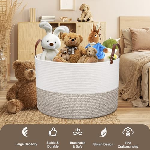 Image of Extra Large Laundry Basket 20 inchx 20 inch x 13 inch Living Room Woven Storage Kids, Cotton Rope Basket with Leather Handle for Blanket Toys Pillow Organization, Kids Nursery Gift, White & Brown