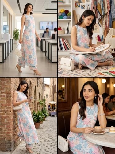 Image of Leriya Fashion Women's Summer Printed Kurta Pant Set | Sleeveless Lightweight Kurti with Palazzo Pants | Kurti Set for Woman | Casual, Office, Vacation & Everyday Outfit | Ethnic Kurta Sets for Woman