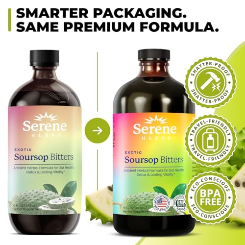 Image of Serene Herbs Soursop Bitters Liquid with Soursop Leaves for Gut Cleanse, Detox & Immune Boost with Black Seed, Moringa, Irish Moss, Ashwaganda, Turmeric, 16 fl oz (16 Fl, Soursop) (Pack of 2)
