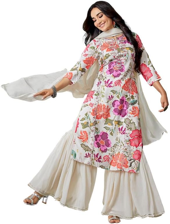 Royal Export Women's Viscose Floral/Mirror Work Embroidered Straight Kurta Sharara with Dupatta (RX94-surbhimirrorprint_Multicolor_S)