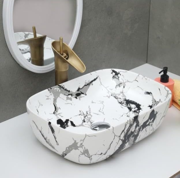 OSOSAM Ceramic Countertop Wash Basin | Designer Table Top Bathroom Basin Sink | Vessel Sink Wash Basin Over Counter for Hotel, Home Room (18 x 13 x 5.5 Inch, Moroccan Design-1005, Glossy Finish) (B0CG6NGH16) Amazon Price History, Amazon Price Tracker