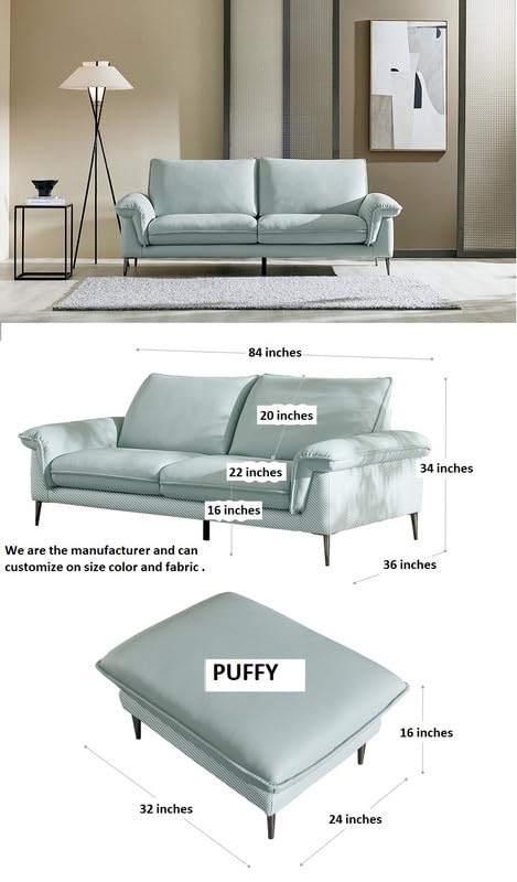 Image of Fabrique Twinkle Leatherette 3 Seater Sofa Set with Puffy Luxury Light Blue | Stylish Home Office & Living Room Furniture | Lightweight Design with Durable Stainless Steel Legs