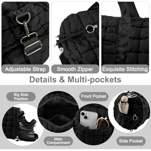 Quilted Travel Duffle Bag Gym Bag&Quilted Backpack Purse for Women,Large Puffer Duffle Weekender Bag Lightweight Puffer Puffy College Laptop Backpack with Compartment for Travel Gym Airplane(Black)4