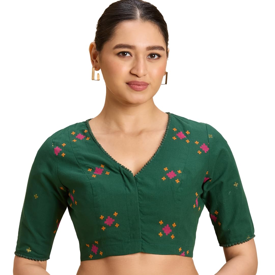 Studio Shringaar Women Cotton Half Sleeve Multicoloured Ikat Readymade Saree Blouse