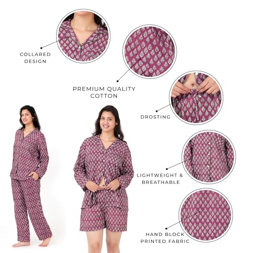 Image of Huar Women Pajama Set, 4 pcs Button Down Vacation Beach Cotton Set, Lounge wear PJ Set For Birthday