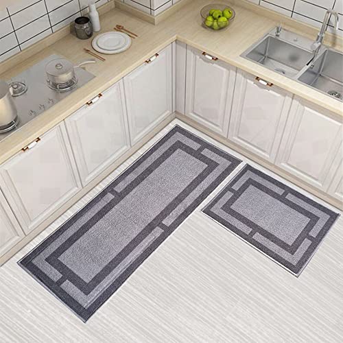 Image of Matz&More Anti Slip Runner, Floor Mat Combo (50x120cm + 40x60cm), Carpet for Kitchen, Room, Hall, Bathroom, Bed Side, Geometric Grey