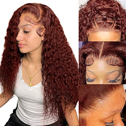 XNJ Reddish Brown Curly Wigs Human Hair 13x4 Auburn Brown Deep Wave Lace Front Human Hair Wig Pre Plucked with Baby Hair 150% Density HD Lace Frontal Wigs Human Hair 16Inch
