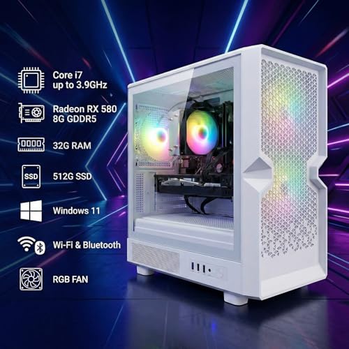 Image of STGAubron Gaming PC Desktop Computer, Intel Core i7 up to 3.9GHz, Radeon RX 580 8G, 32GB RAM, 512GB SSD, WiFi 6, BT 5.0, RGB Fan x3, Windows 11 Home, White