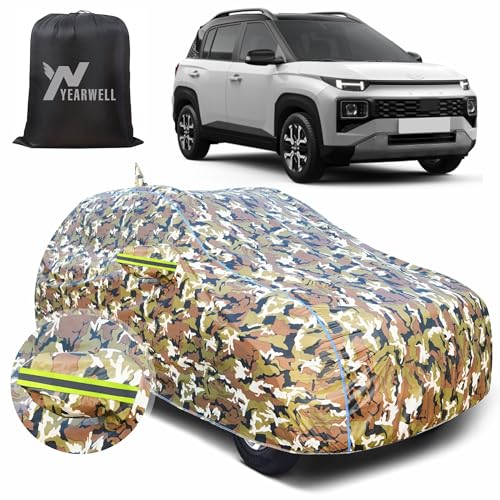 Image of Car Body Cover for Hyundai Exter, 100% Waterproof, Heat-Resistant with Mirror & Antenna Pockets, Soft Cotton Lining, Triple Stitched, Green Reflector (Jungle Print)