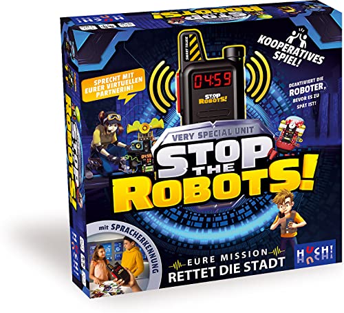 HUCH!, Stop the Robots, Kooperative Spiele, Elektronisches Rätselspiel Kinder, Spannendes Walkie Talkie Spiel mit 9 Leveln, Für 1 bis 6 Spieler ab 7 Jahren