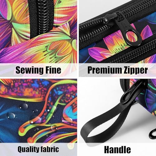 Image of Fustylead Neon Frog and Lily Pads on Black Background Pencil Pen Case with 3 Compartments, Lightweight & Spacious Stationery Bag Cosmetics Bag