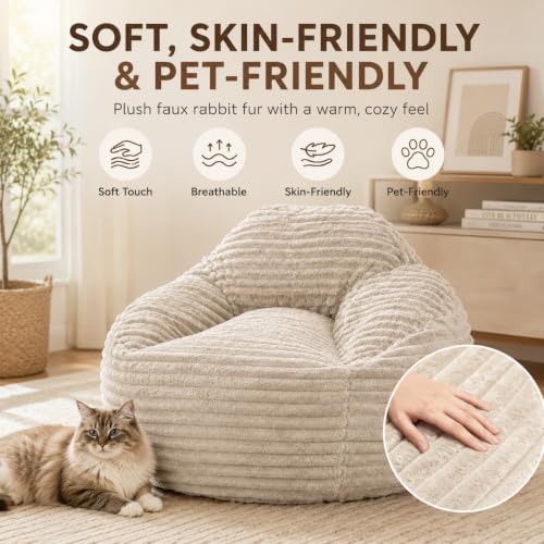 Image of Simple Deluxe 3.25 ft Faux Fur Memory Foam Bean Bag Chair, Large Comfy Lazy Chair for Adult with Memory Foam Filled & Washable Cover, Perfect for Reading Gaming in Living Room Bedroom, Taupe