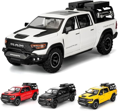 Image of 1 /32 Ram Pickup Truck Diecast Model Toy Car Metal Truck with Sound & Light Pull Back Friction Powered Toy Vehicle Openable Doors Collectible Gift for Kids & Boys (White)