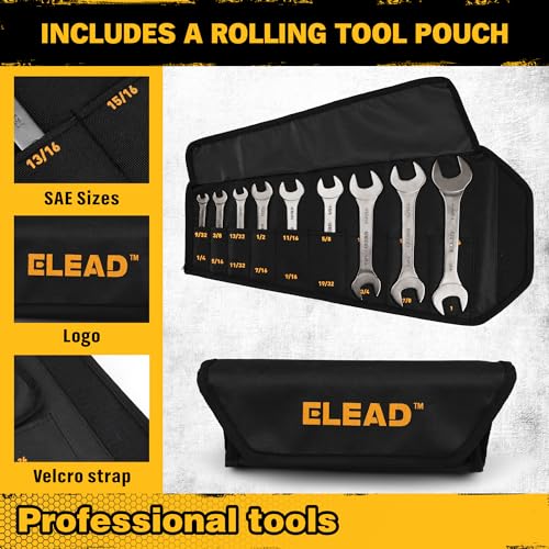 Image of ELEAD 9-Piece Super-Thin Open End Wrench Set, SAE 1 /4 inch-1-1 /16 inch, CR-V Nickel Plated, 3 mm Thickness Ultra-Slim Wrench Set for Tight Spaces, Durable Roll-Up Pouch for Mechanics