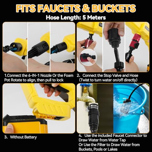 Cordless Pressure Washer for Dewalt 18V 20V Battery, 1000PSI Portable Power Washer with 6-in-1 Multifunctional Nozzle, Foam Pot and 5m Hose for Car, Home, Garden, Fence (No Battery) - Image 6