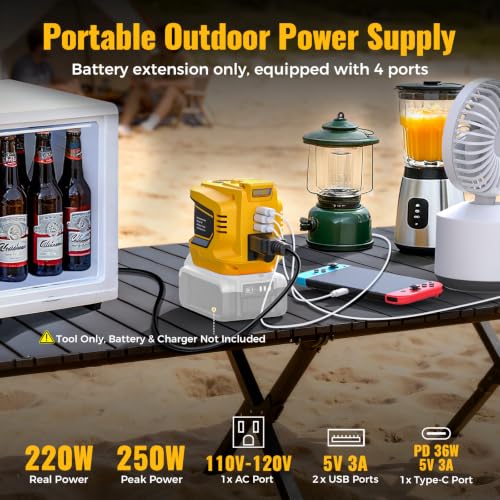 Image of LIVOWALNY 220W-250W Power Inverter Compatible with DeWALT 20V Battery (Battery Not Included), DC 20V to AC 110V-120V Portable Inverter, 1 AC Outlet, 2 USB Ports & 1 Type-C Port, LED Work Light(2-Pack)