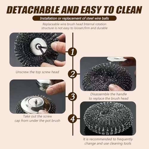 Image of Steel Wool Scrubber with Handle, Cast Iron Scrubber, Stainless Steel Scrubber, with 5 Refills and Long Handle Stainless Pot Brush, Remove Dirt, for Cleaning Stoves, Sinks, Dishes, Grills, Bowls