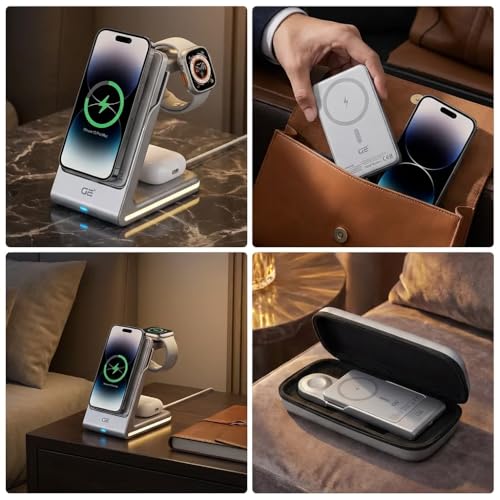 Image of GE 3-in-1 Wireless Charger Dock with 5000mAh Built-in Lithium Battery and Night Light, Compatible with iPhone 12-17 Series, Apple Watch, and AirPods 3rd Gen
