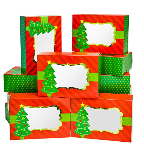 Wrap N Roll Christmas Cookie Gift Boxes With Clear Window and Lids, Empty Bakery Box Red & Green 8 Inch Rectangle for Gift Giving & Packaging On Holiday and Party Decor Bulk Pack (Set of 12)