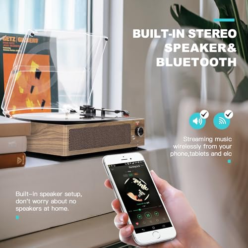 Image of Retro Vinyl Record Player with Speakers Vintage Turntable, Wooden