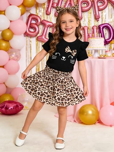 Image of Akyzic Little Girl Skirt Outfit Two Piece Spring Summer Outfit Butterfly Dress Cat Print Skirt Toddler Girl Outfit Set