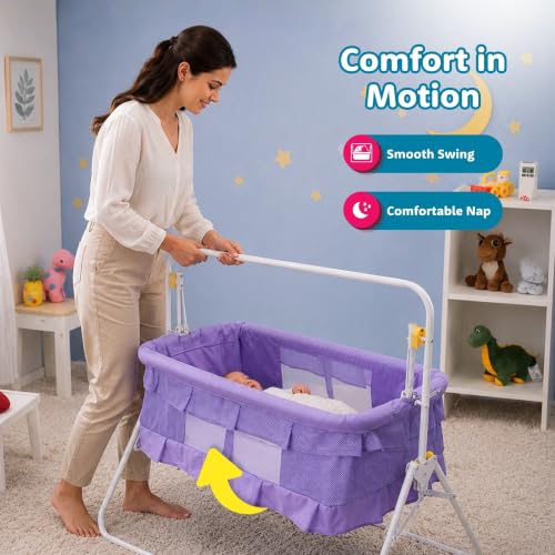 Image of Amazon Brand - Supples New Born Baby Cradle with Swing & Mosquito Net | 0-13 Months | Safety Belt with Lock | Sturdy & Safe | Polypropylene /Mild Steel | J1-Blue - Purple