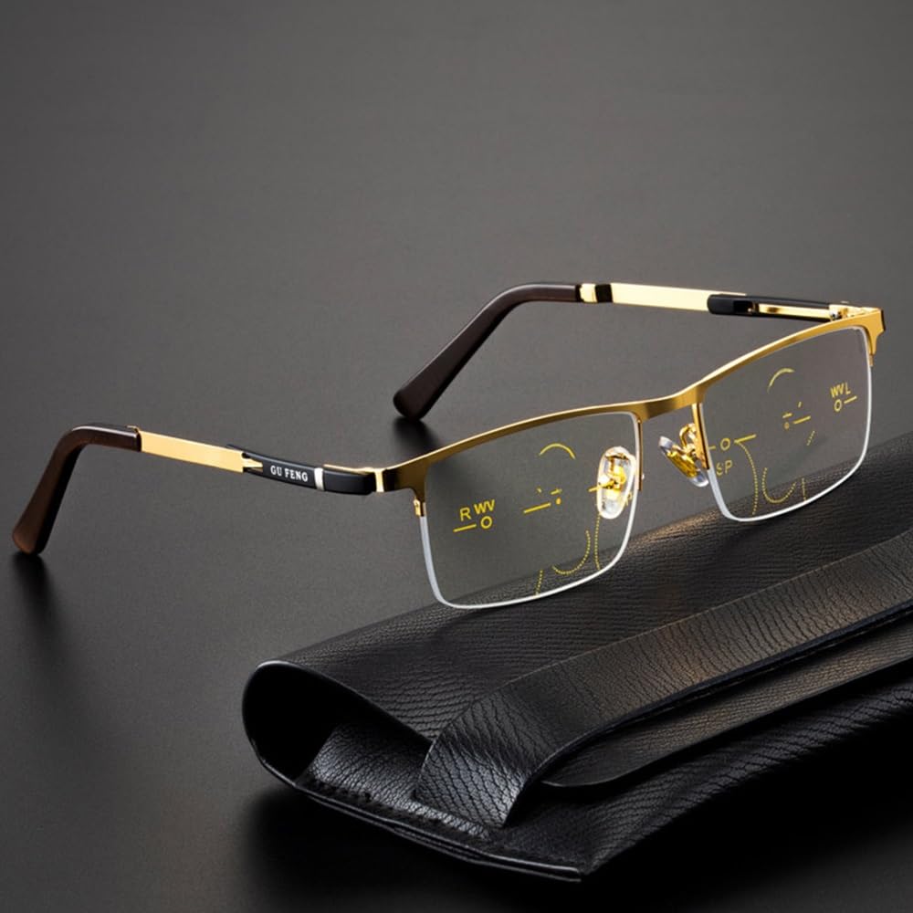 SFIVE Progressive Multifocus Lesebrille Metall Halber Rahmen Presbyopie Brille HD Lesebrille Anti-Blau Für Männer 1.0 1.5 2.0 2.5 (Color : Gold, Size : +3.0)
