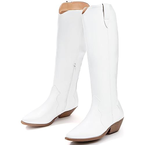 TINSTREE Western Cowboy Cowgirl Boots for Women,Knee High Tall Boot Pointed Toe Pull On Zipper PU Leather Wedge Booties