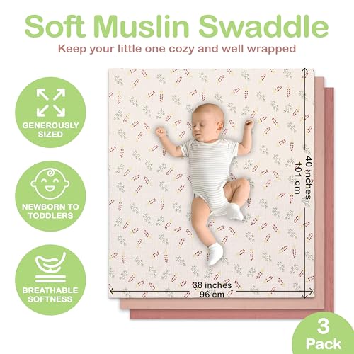 Image of Organic Muslin Baby Blanket 3-Pack Pink, Floral & Rust, 38x40 Inch 100% Organic Cotton Oeko-TEX Certified Ultra-Soft Swaddle Blankets for Newborn, Baby Girl Shower Gift Set