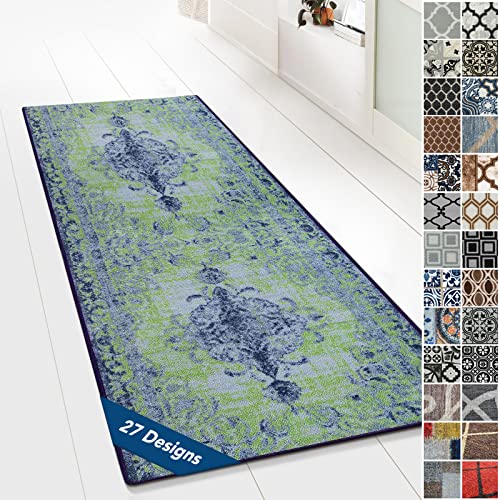 Floordirekt Teppichläufer mit Muster - maßgefertigter Feinschlingen Teppich Läufer für Küche, Flur & Wohnraum - Ornament Vintage Orient Gitter (80 x 350 cm, Palau Blau)