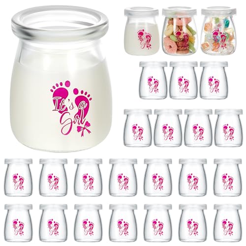 Tanlade 24 Pcs It's a Boy or Girl Milk Glass Bottles 3.4 oz Mini Glass Jars Clear Yogurt Jars with Plastic Lids Baby Shower Party Favors Baby Shower Decorations Centerpieces(It's A Girl)